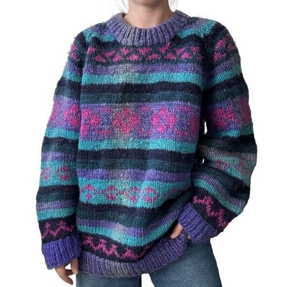 Vintage Ecuadorian Chunky 100% Wool Striped Rainbow Oversized Sweater Sz XL - Picture 1 of 7